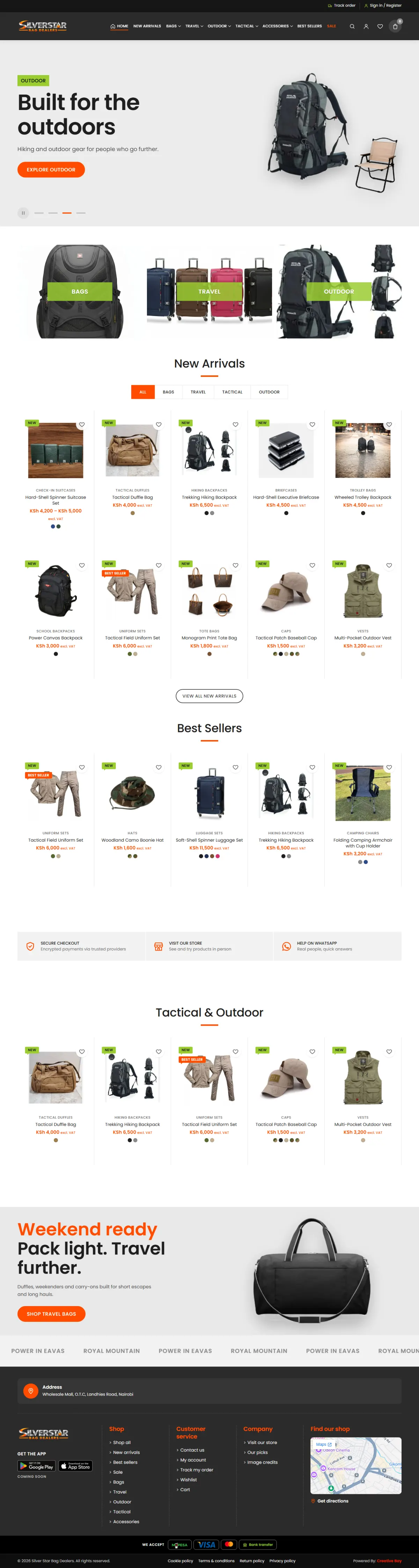 Silver Star Bag Dealers online store built by Creative Bay: homepage with bag, travel and outdoor categories, new arrivals, best sellers and the shop footer