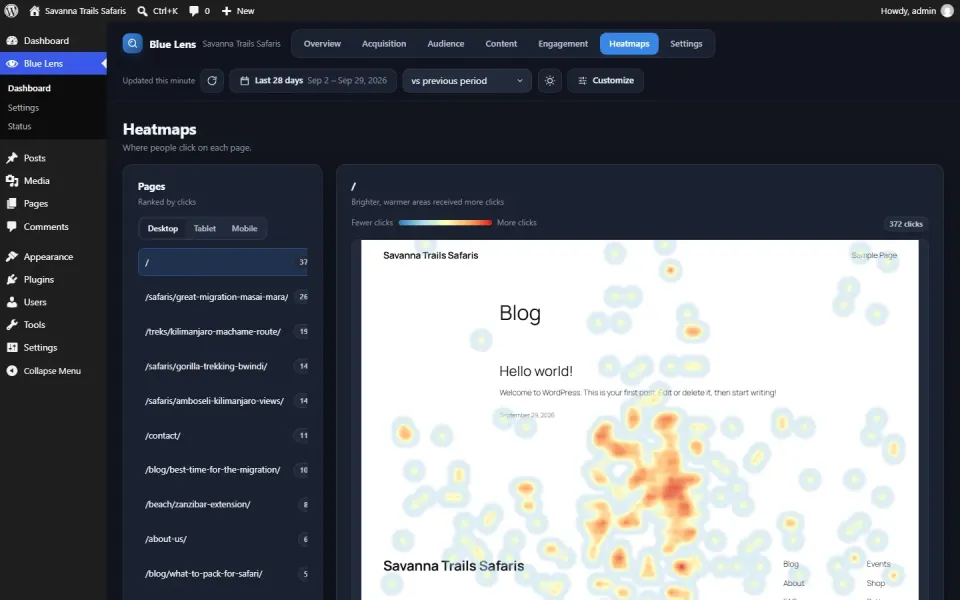 Click heatmap over a live page preview.