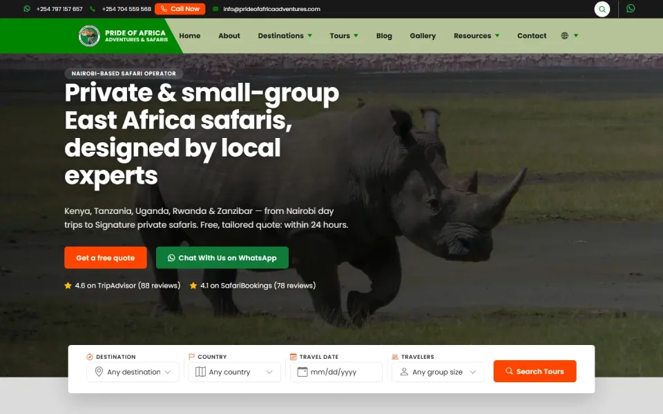 Screenshot of Pride of Africa Adventures & Safaris